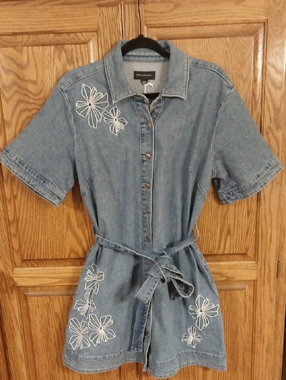 Free Assembly NWT Women's Embroidered Denim Mini ShirtDress Sz Large 12/14 Blue